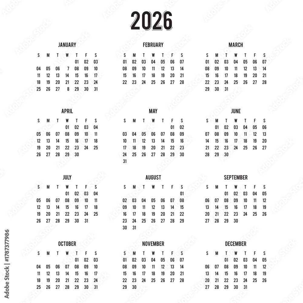 Calendar 2026 year - vector illustration. Week starts on Monday ...