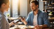 © Arif - A young man and woman enjoying a friendly conversation at a cafe, with the man showing something on his smartphone and both smiling warmly
