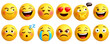 © Dazz - 3D emoji icon set. Collection of yellow emoticons with various facial expressions including happy, sad, angry, love, and sleep. Social media reaction symbols isolated on a transparent background. png