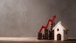 © Line - House model with stacked coins and red upward arrow for value