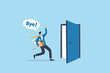 © Nuthawut - Quit job leaving company for new career, saying good bye to old workplace office, exit, escape or fired, work departure, offboarding separation, businessman saying bye while quitting job exit door.