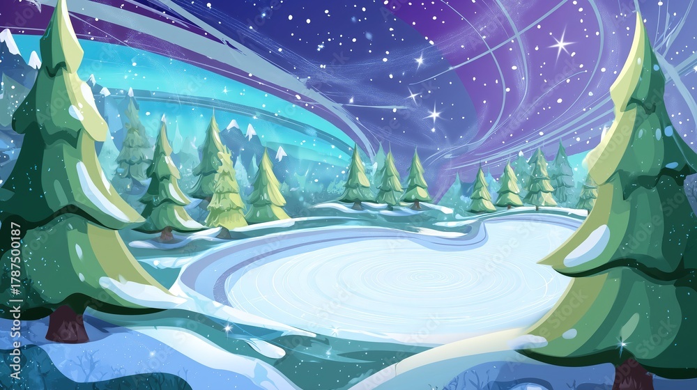 Cartoon Ice Skating Rink with Northern Lights and Pine Trees, Snowy ...