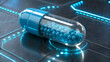 © VisualVibe - Cutting edge capsule medication with blue and white spheres inside offers pharmaceutical solutions and futuristic treatment innovation for health
