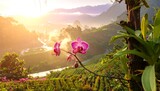 Scenic mountain valley view with a pink orchid in focus and sunlit mountains in the background during sunrise