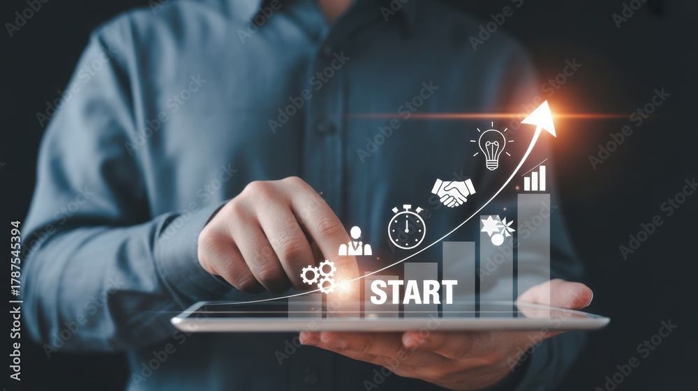 Digital Start: An individual guides the path to progress, symbolizing ...