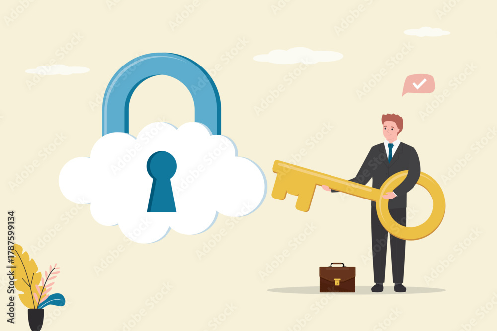 Vector de Stock Smart businessman holds golden key from cloud with ...