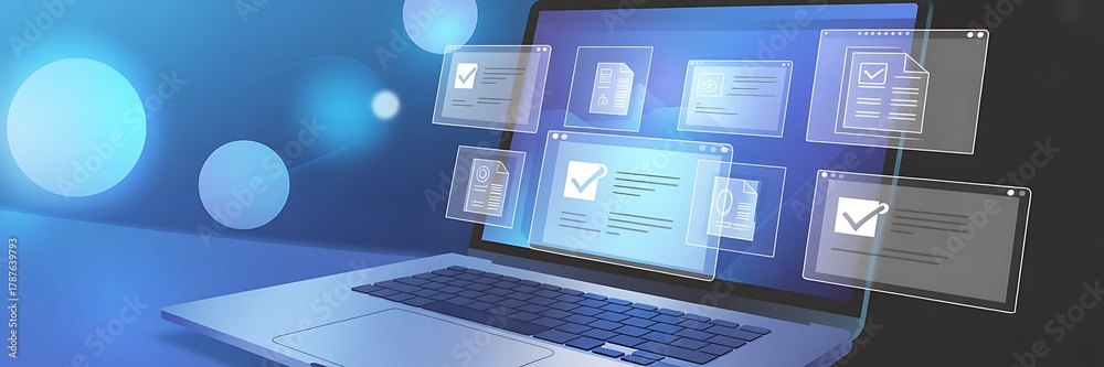 Laptop displaying online document approval and workflow management ...