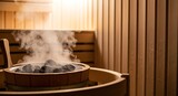 Close-up of steaming sauna stones in a wooden bucket.
