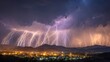 © ArtPixel-Portfolio - Multiple lightning bolts striking across mountains and illuminating a city during a powerful night thunderstorm, showing dynamic weather