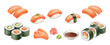 © Natallia - Vibrant sushi set with nigiri, maki rolls, sashimi, soy sauce, wasabi, and ginger. Ideal for Japanese cuisine designs, menus, packaging, and culinary-themed projects.