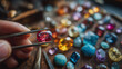 © Nan sarin - AI generator images of Multicolored gemstones shining brightly in a radiant white environment with elegance and luxury, Assorted colorful precious gemstones and jewelry Luxury Designer Necklaces