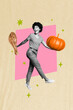© deagreez - 3d image photo poster collage of happy girl walk roasted turkey leg pumpkin autumn season celebration thanksgiving event