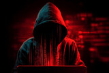 A mysterious figure in a hoodie obscured by digital codes, portraying themes of hacking and cybersecurity risks.