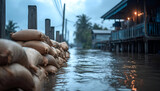 Flooded street with sandbags and rising water, capturing the impact of extreme weather on local neighborhoods.