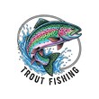 © muhammad - Rainbow Trout as a logo print design on various media such as t-shirts, mugs, hats, tote bags, etc. for various events related to fishing hobbies, vintage cartoon flat design illustrations