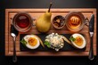 © Leo Rohmann - Artfully arranged gourmet food platter featuring soft boiled eggs, blue cheese, fresh pear, honey, and fragrant spices crafted to elevate culinary experience and taste exploration