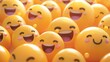 © Eireen - Happy yellow smiling and laughing faces with various face emotions and expressions on warm orange background