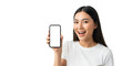 © Biru Langit Desember - Excited Asian Woman Displaying Smartphone with Blank Screen Demonstrating Mobile App Technology for Ecommerce Online Business Advertising Communication Social Media Content Marketing Digital