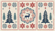 © VectorVista - Decorative winter pattern with christmas trees snowflakes stars and a deer in a circular ornament design silhouette