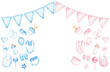 © iri.madrid.art - Gender reveal party horizontal banner with blue and pink decorations for event design. Template for baby shower, baptism, boy or girl party. Watercolor illustration. Isolated. Hand drawn. Copy space