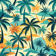 © azadhossain - Tropical palm tree pattern with sunset colors and beach background.