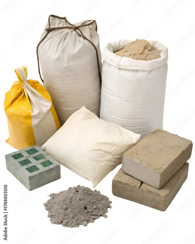Various bags and blocks of construction materials including sand ...