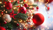© apimagine - Red, blue, and white ornaments hanging from above, surrounded by snowflakes and twinkling lights.
