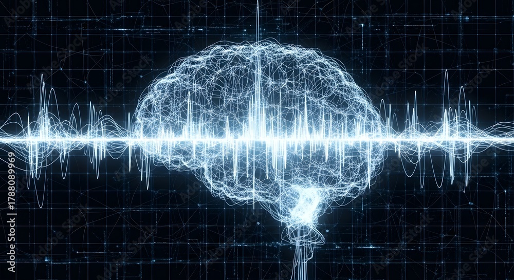 Abstract glowing digital brain with vibrant blue light and sound wave ...