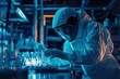 © sunshinemother - A scientist wearing a full protective suit carefully handles laboratory equipment and glassware during a detailed experiment in a sterile environment.