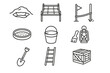 © Александр Михайлюк - Field Excavation Icons. Line style icons of field excavation: dig site, grid frame, stake, rope; sieve tray, bucket, brush,