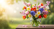 © Bloody 007 - Vibrant spring bouquet of tulips hyacinths daffodils and mums in a glass vase on a wooden table outdoors