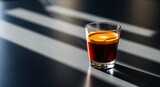 Espresso shot in a glass cup with dramatic shadows and light.
