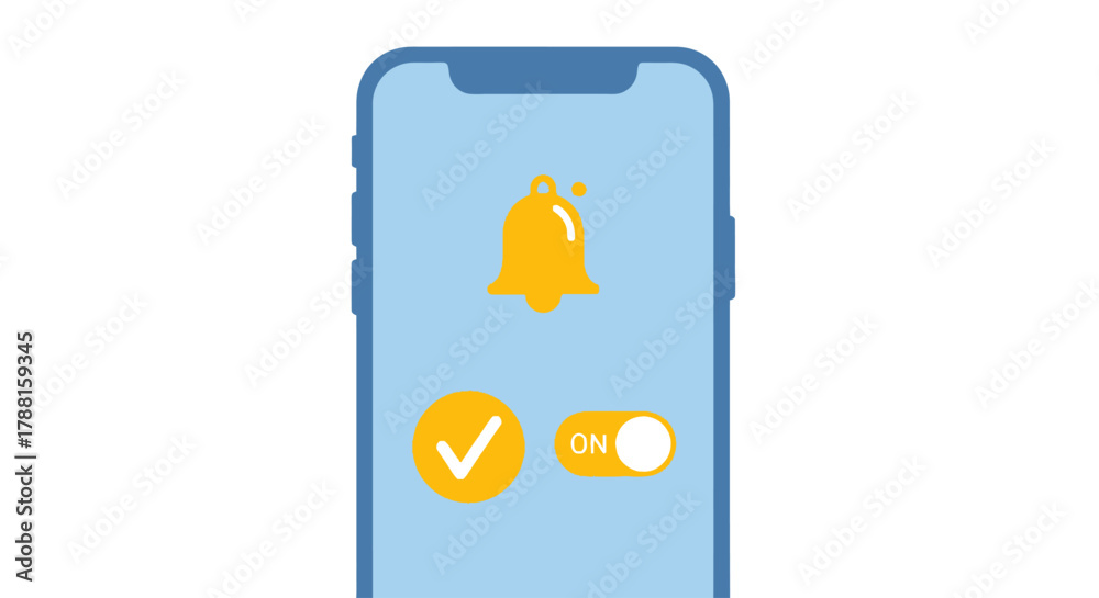 Smartphone screen displays a notification bell icon, a checkmark, and a ...