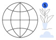 © robu_s - Globe outline next to a plant in a pot, featuring a dollar icon above the plant. Ideal for finance, business, sustainability, globalization, investment, growth economic development. Simple flat