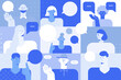 © Mariia - Online webinar and video conference vector illustration. Group of people  talk in a virtual meeting on a laptop screen. Team call background. Live webinar banner. Call center and communication concept