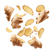 © ProVector - Fresh ginger root pieces and slices flying on transparent