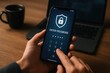 © DailyStock - Person entering password on a smartphone with security shield icon mobile phone enter password