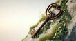 © Alexandr - A vintage key resting on a stone surface surrounded by greenery and small white flowers
