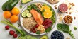 © Tosher - Overhead View of Healthy Salmon Power Bowl with Mixed Greens, Grains, Citrus Fruits, Nuts, Avocado, and Fresh Berries for Clean Eating