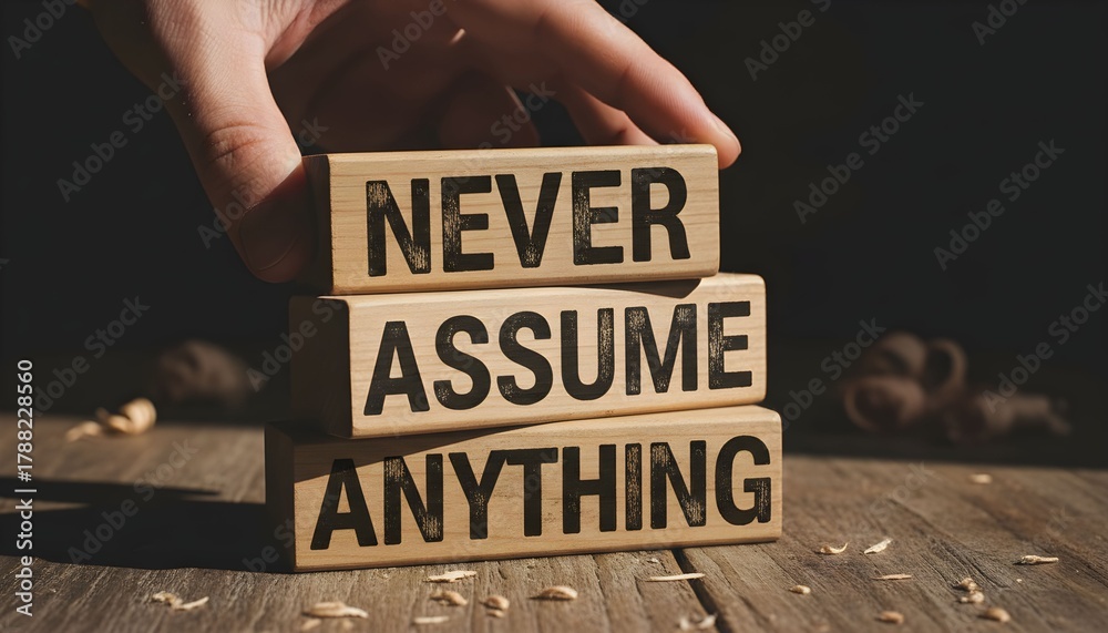 A hand stacks wooden blocks with the words 