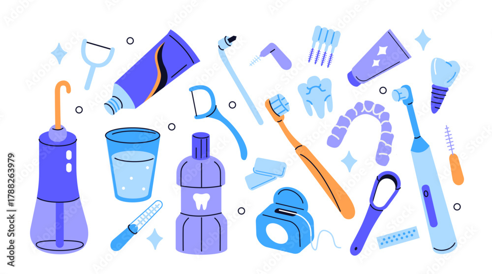 Oral hygiene and dental care vector illustration set. Collection of ...