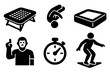 © Crank - Trampoline Gymnastics Icons. Trampoline Gymnastics silhouette icon set: trampoline bed, mid-air flip, safety mat, coach, timer, landing stance.