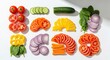 © Gilang - An overhead shot of neatly arranged, sliced vegetables including tomatoes, cucumbers, onions, peppers, carrots, and spinach on a white surface.