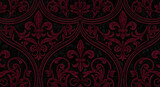 A dark background with a red fleur de lis pattern and ornate swirls and arches in a repeating design