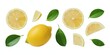 © cartoon-AI - Minimal pastel style creative layout made of lemon and green leaves, including half lemon, slices, and pieces, arranged in flat lay composition, fruit concept