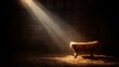 © Vlad Yakubovskiy - The Birth of Jesus manger filled with straw illuminated by soft rays of light in a dark rustic setting, creating a serene and peaceful atmosphere for holiday reflections