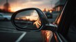 © @Luthfi - Car mirror reflecting sunset colors silhouette vehicles parking outdoor scene