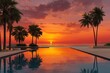 © UKPixelCraft - Serene tropical infinity pool reflects a vibrant sunset with silhouetted palm trees