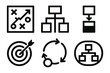 © Innovator587 - Brutalist Business Icons. Business Modeling silhouette icon set: strategy map, workflow chart, process block, goal alignment, resource flow, scenario planning.