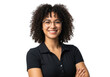 © Almuch - Smiling young woman with curly hair and glasses wearing a black collared shirt arms crossed isolated on transparent background